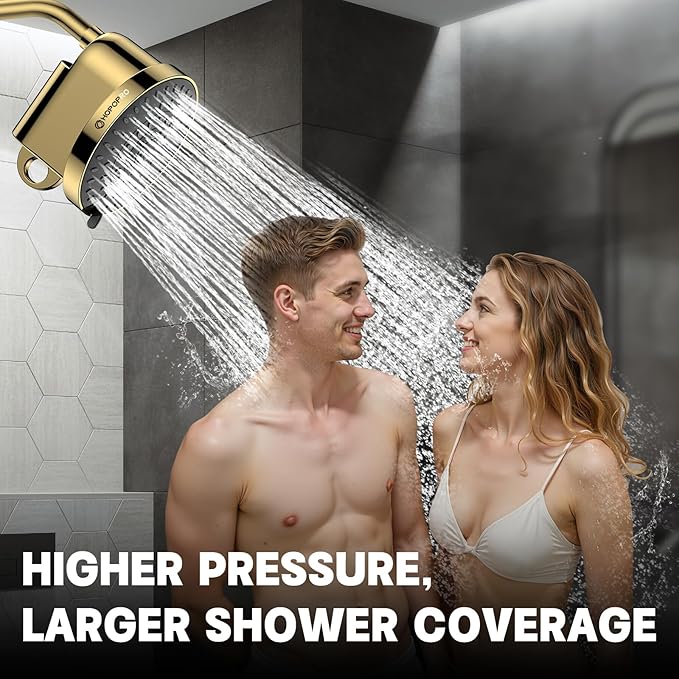 High Flow Filtered Shower Head, HOPOPRO 5 Modes High Pressure Fixed Showerhead with Filter, 2-In-1 Shower Head Filter for Hard Water, Remove 99% Chlorine, Improves Skin Hair Condition (6 Inch Gold)