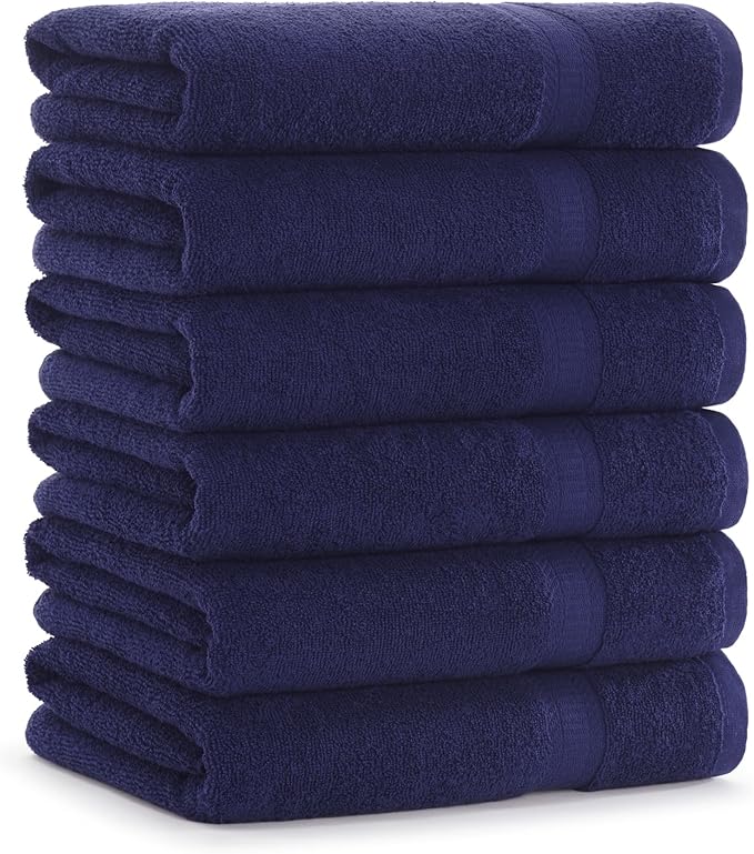 Arkwright True Color Solid Bath Towels - Soft 100% Cotton Bathroom Towel Set of 6 - Lightweight 475 GSM, Absorbent, and Quick Dry, 25 x 52 in, Navy