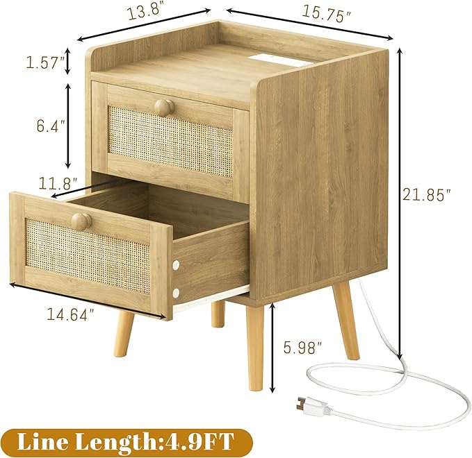 Rattan Nightstand with Charging Station, Mid Century Modern Bedside Side Table with 2 Drawers, Boho End Table with Wood Legs for Bedroom Natural Night Stand for Living Room