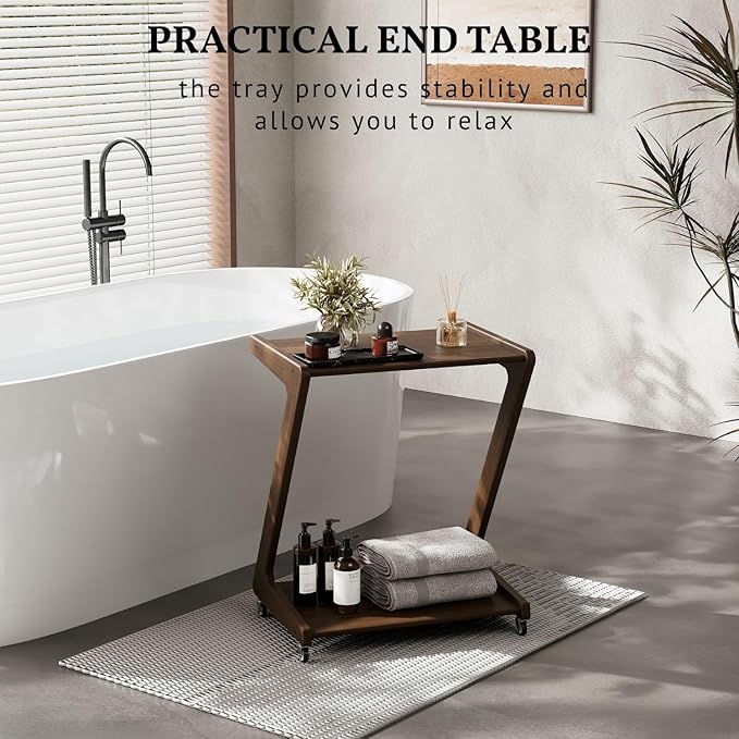 ZIYOO Solid Wood Rolling End Table with Lockable Wheels, Bamboo Couch Side Table That Slides Under Sofa/Bed, Mobile Snack Table for Living Room, Bedroom, Small Spaces, Walnut