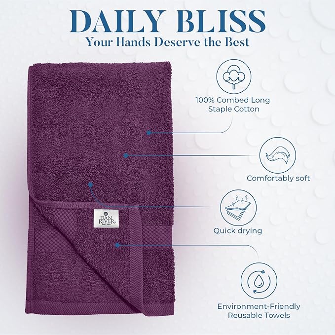 DAN RIVER 6-Pack Premium Hand Towels (16x28 Inches) - 100% Cotton, Ultra Soft, Lightweight, Highly Absorbent Towels for Bathroom, Spa, Gym, Salon, Hotel, and Travel - 550 GSM – Purple Passion