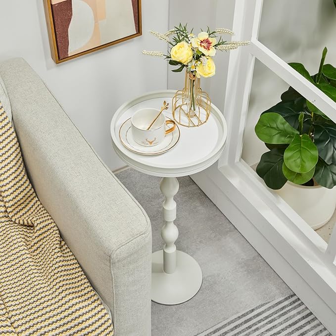 Small Round Drink Table,Pedestal Tables,Small Round Side Table for Narrow Spaces,End Table for Living Room, Bedroom, Bathroom,Balcony (White)