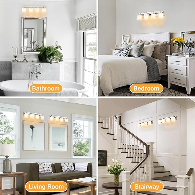 4 Light Modern Bathroom Light Fixtures Over Mirror, Chrome Vanity Lights for Bathroom Wall Sconces with Milky White Glass Shades, E26 Socket (Bulbs Not Included)