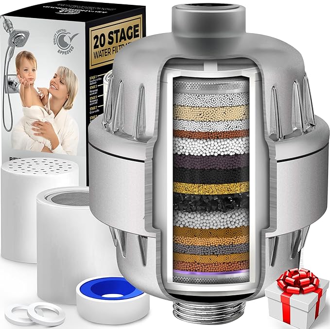 AquaHomeGroup 20 Stage Shower Head Filter with Vitamin C E A for Hard Water - High Output Water Filters to Remove Chlorine and Fluoride - 2 Cartridges Included - Consistent Flow Showerhead Filter