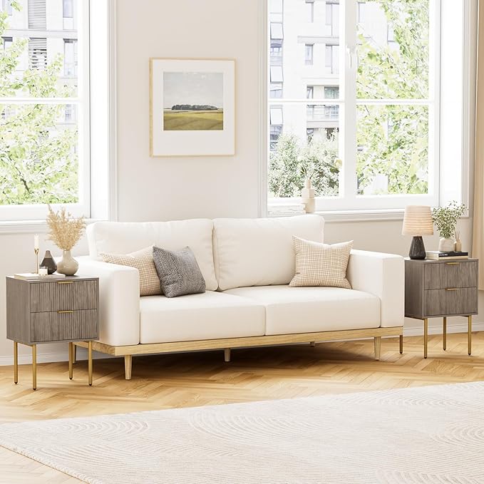 Masupu Night Stand,Mid-Century Modern Bedside Table with 2 Storage Drawer,Small Gold Frame Side End Table for Bedroom,Living Room, Grey