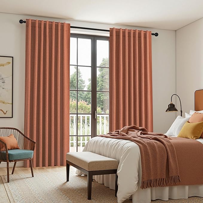 108 Inch Extra Long Blackout Curtains 2 Panels Set, 100% Room Darkening Thermal Insulated Drapes for Living Room & Bedroom, Noise Reducing Linen Textured, Terracotta, Back Tab