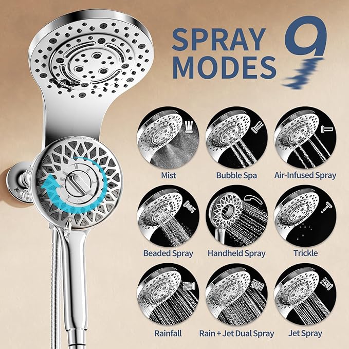 KAIYING Magnetic Rain Shower Head with Handheld Spray Combo, High Pressure Magnetix Dual Shower Head with 9 Spray Modes, Bathroom Big Modern Waterfall Showerhead with 5 Settings (Chrome)