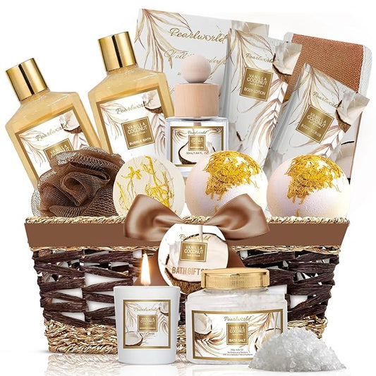 Christmas Gifts Basket for Women, 15pcs Vanilla Coconut Bath Set with Shower Gel, Bubble Bath, Diffuser Oil, Scented Candle, Skin Care Kit Birthday Gift for Women