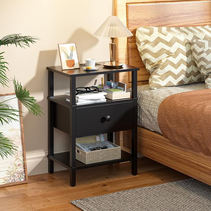 Lerliuo Nightstand Set of 2 with Charging Station and USB Ports, 3-Tier Storage End Table with Drawer Shelf, Night Stand for Small Spaces, Wood Bedside Table for Living Room, Bedroom - Classic Black