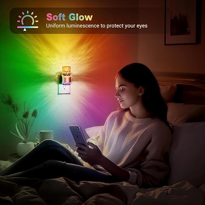 JandCase Night Lights Plug into Wall, Color Changing Night Light for Kids, 3000K+RGB 10-Color LED Nightlight with Light Sensor, 10/50/100LM Adjustable Brightness for Rooms Home Decor