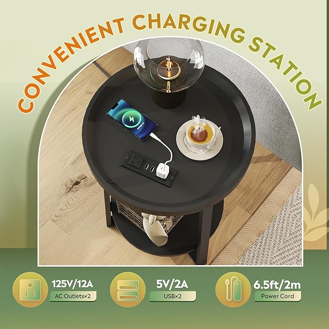 WLIVE Round End Table, 2 Tier Side Table with Charging Station, Round Nightstand with Storage Shelf, Small Spaces, Living Room/Bedroom, Wood Tabletop & Metal Frame, Black