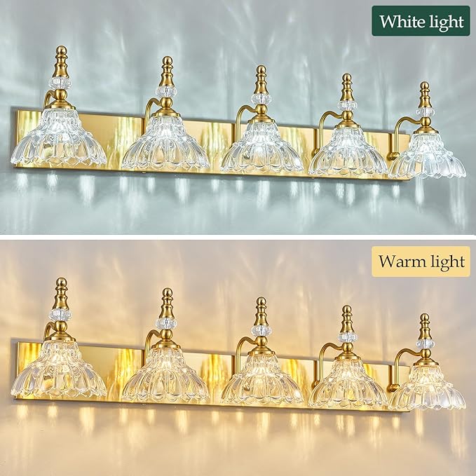 Vintage Bathroom Vanity Light, 5-Light Gold Vanity Lighting Fixture with Flower Glass Shade, Bathroom Lighting Fixtures Over Mirror