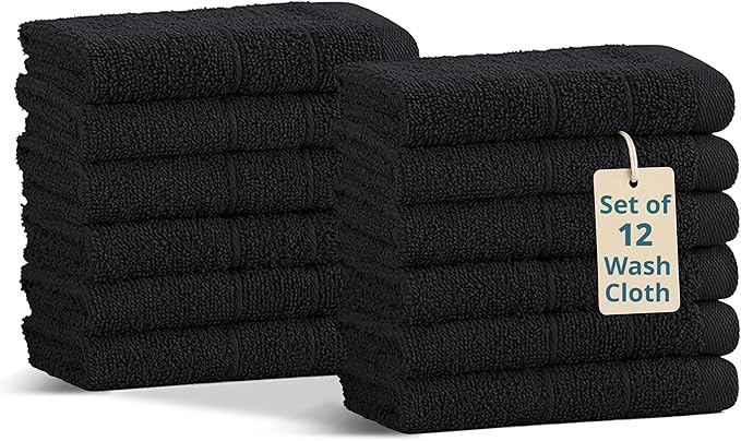 Casa Platino 100% Cotton Washcloths 12 Pack - Spa & Salon Quality Face Towels - Ring Spun, Soft & Absorbent Wash Cloths for Body, Beauty, Home, Gym - Fingertip Towels Set- 13"x13", Black Towel Set