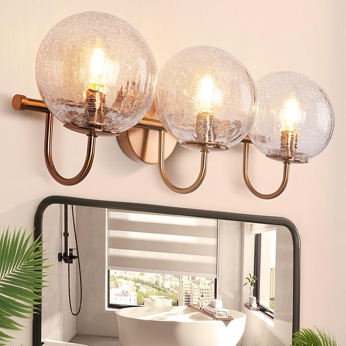Gold Bathroom Light Fixture, Vanity Lights Over Mirror 3 Light Bathroom Vanity Light with Cracked Glass Globe Shade, Modern Wall Sconce Lighting for Bedroom, Kitchen Living Room Hallway Cabinet