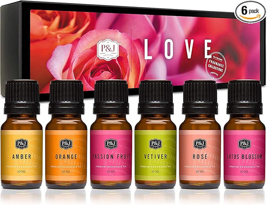 P&J Trading Fragrance Oil Love Set | Rose, Amber, Lotus Blossom, Passion Fruit, Vetiver, Orange Candle Scents for Candle Making, Freshie Scent, Soap Making Supplies, Diffuser Oil Scents