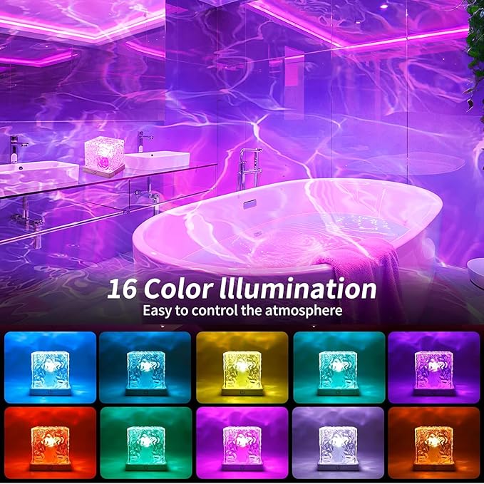 LETOUR Bathroom Mood Light,Rechargeable Shower Light 16 Color Changeable Ocean Wave Projector Lamp, Dimmable Waterproof Shower Lamp with Remote, Rotating Cube Water Ripple Lamp for Bath