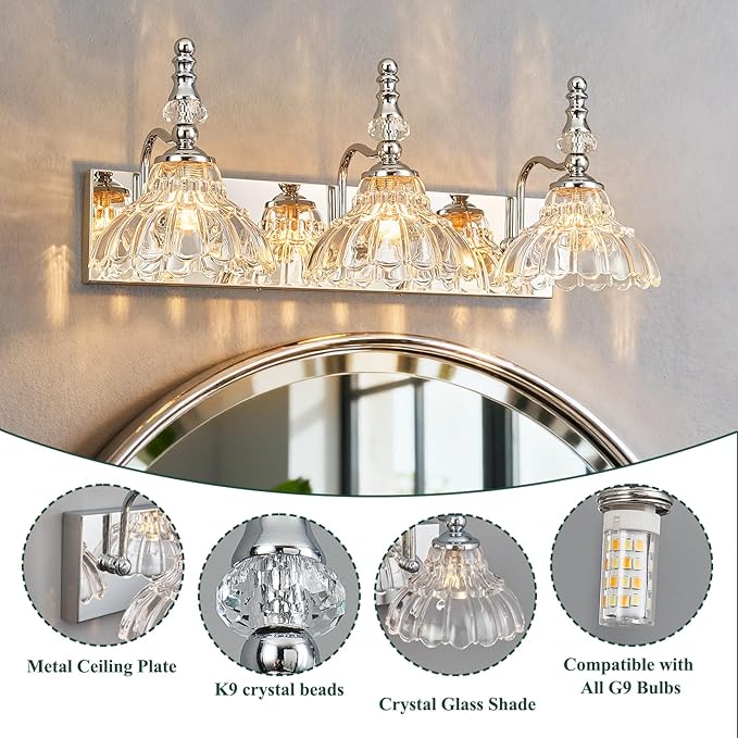 Vintage Bathroom Vanity Light, 3-Light Chrome Vanity Lighting Fixture with Flower Glass Shade, Bathroom Lighting Fixtures Over Mirror