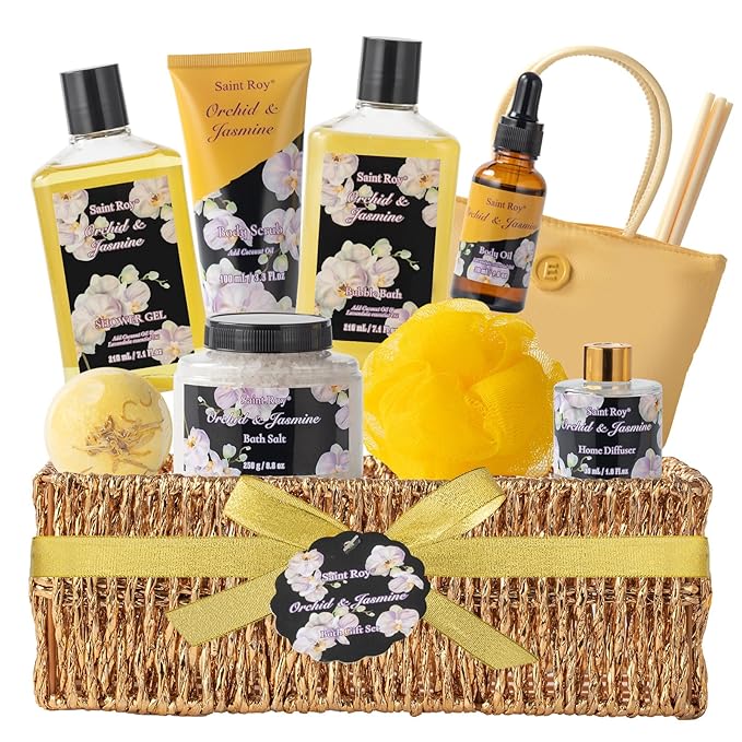 christmas gift bath basket, Bath and Body Gift Basket Orchid & Jasmine Spa Gift Baskets for Women Fragrant Body Lotions, Christmas Gifts for Women, Home Spa Gift Basket, Bath Kit Cosmetic bag Sets