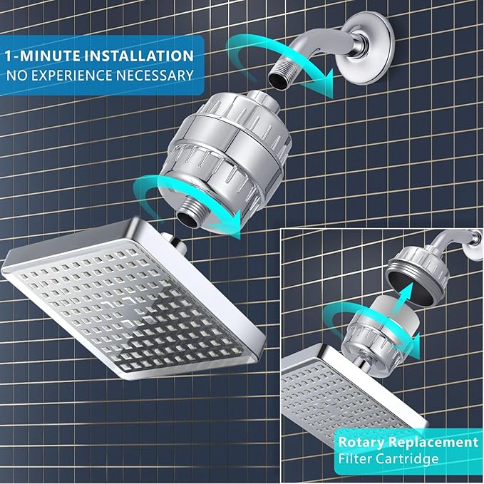Voolan Filtered Shower Head - 20 Stage Luxury Rain Shower Filter For Hard Water for Remove Chlorine and Harmful Substances - 6" Square High Pressure Rainfall Showerhead (Chrome)