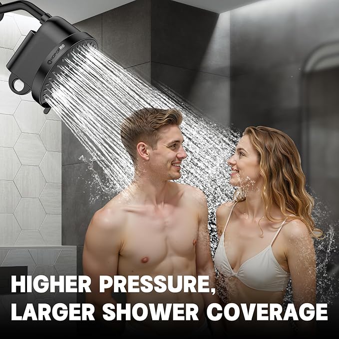 High Flow Filtered Shower Head, HOPOPRO 5 Modes High Pressure Fixed Showerhead with Filter, 2-In-1 Shower Head Filter for Hard Water, Remove 99% Chlorine, Improves Skin Hair Condition (6 Inch Black)