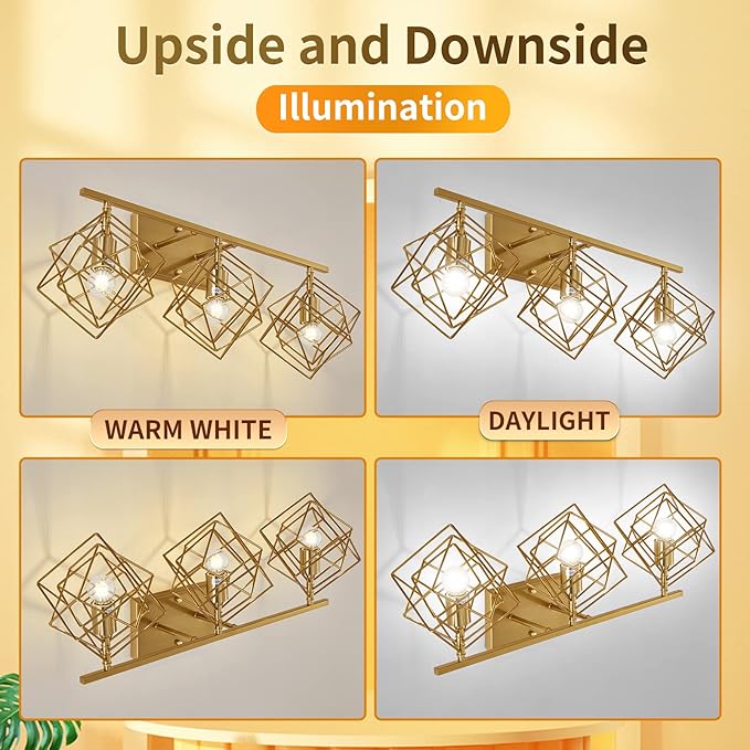 Bathroom Vanity Light with 3 Bulbs Bathroom Light Fixtures Over Mirror with 3 Rotatable Cube Shades Modern Wall Mounted Brushed Brass Gold