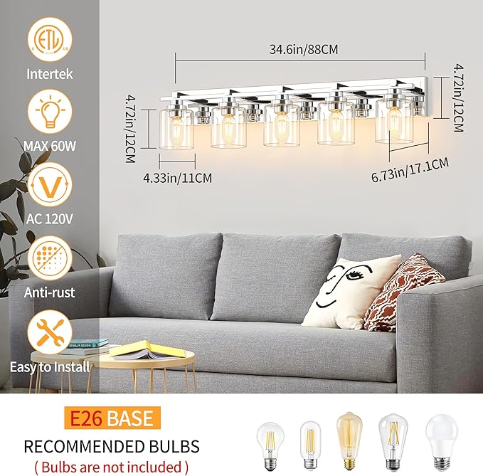 5 Light Modern Bathroom Light Fixtures Over Mirror, Chrome Vanity Lights for Bathroom Wall Sconces with Clear Glass Shades, E26 Socket (Bulbs Not Included)