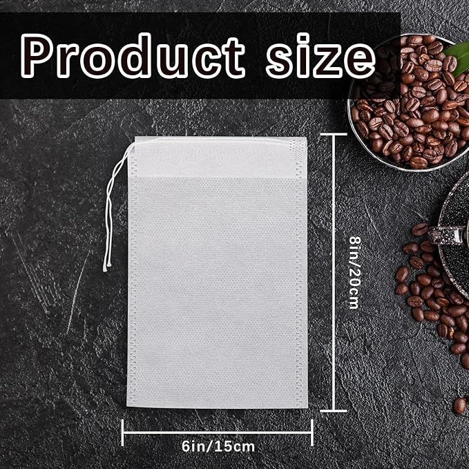 100 Pcs Cold Brew Bags 6x8 inch, No Mess Disposable Cold Brew Coffee Filter Pouches with Drawstring Large Empty Tea Bag for Loose Leaf Tea, Iced Coffee, Herbs, Spice, Home brewing, Hot pot