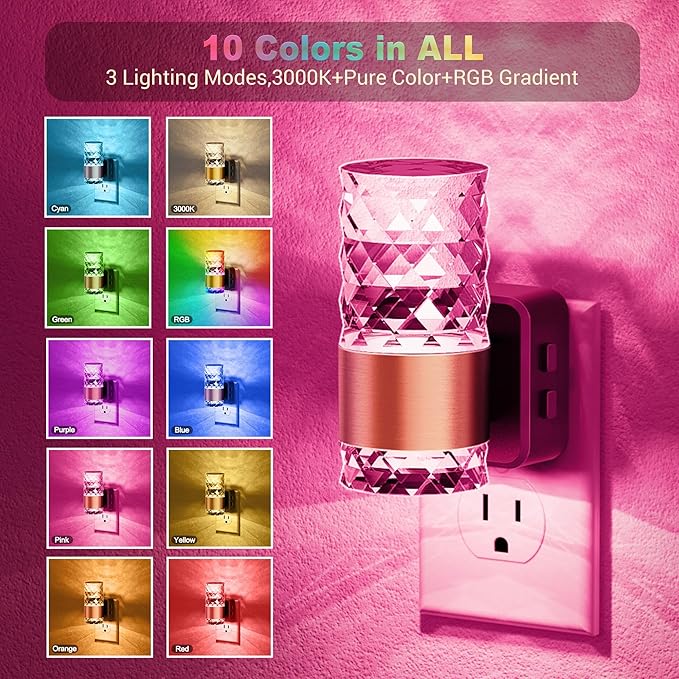 JandCase Night Lights Plug into Wall,2 Pack Color Changing Night Light for Kids, 3000K+RGB 10-Color LED Nightlight with Light Sensor, 10/50/100LM Adjustable Brightness for Rooms Home Decor