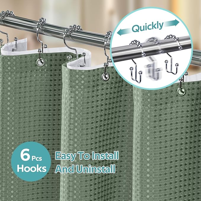 3 in 1 Shower Curtain Set, Waffle Shower Curtain and Liner Set with 6 Double Sided Shower Curtain Hooks, 258GSM Luxury Weighted Cloth Shower Curtains for Bathroom, 36 W x 72 H, Sage Green