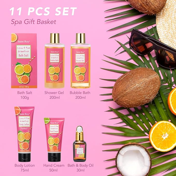Bath Spa Body Gift Set, Luxury Christmas Gifts for Women Citrus Pink Grapefruit Spa Kit Gift Woman, 11 Pcs Self Care Kit Gifts With Bubble Bath, Massage Oil, Bath Brush, Birthday Gifts for Women