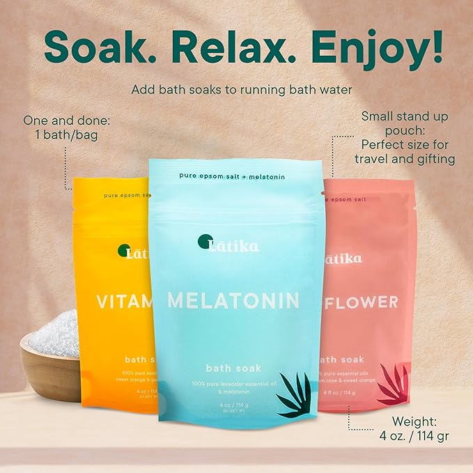 Latika Soaks Set of 3 - Wildflower, Melatonin, Vitamin C - Moisturizing Bath Soak with Epsom Salt & Essential Oils for Stress Relief, Muscle Recovery, & Relaxation - at-Home Spa