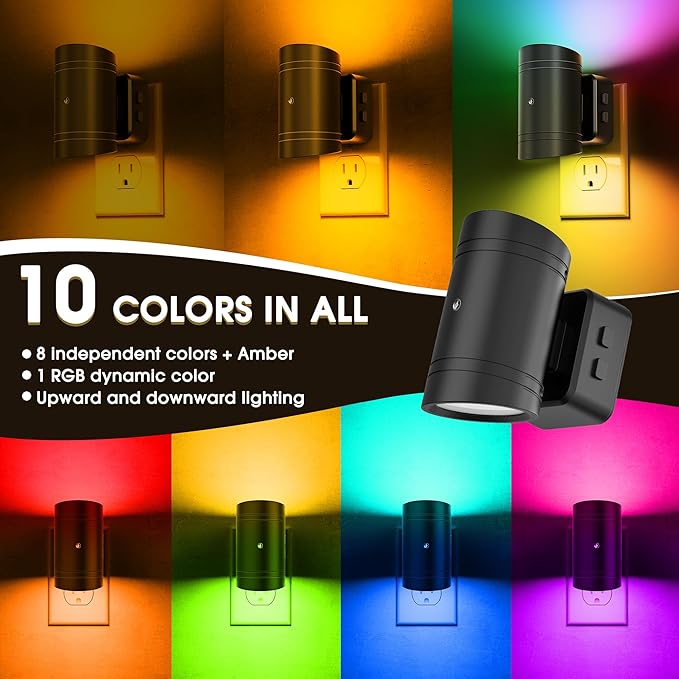 Briignite Night Lights Plug into Wall, 10-Color Changing RGB Night Light for Kids,180° Rotatable Plug in Nightlight with Dusk to Dawn Sensor for Bathroom Decor, Children Room, Gift-2 Pack