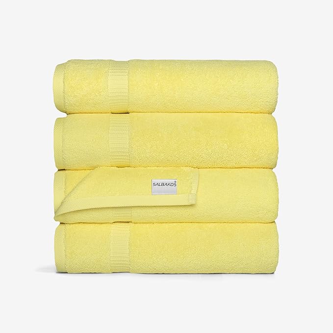 SALBAKOS 100% Turkish Cotton Bath Towel Set of 4 27x54 inch | Heirloom Quality | Hotel & Spa Collection | Soft, Super Absorbent, Long Lasting Bath Towels | Made in Turkey (Yellow, 4 Bath Towels)