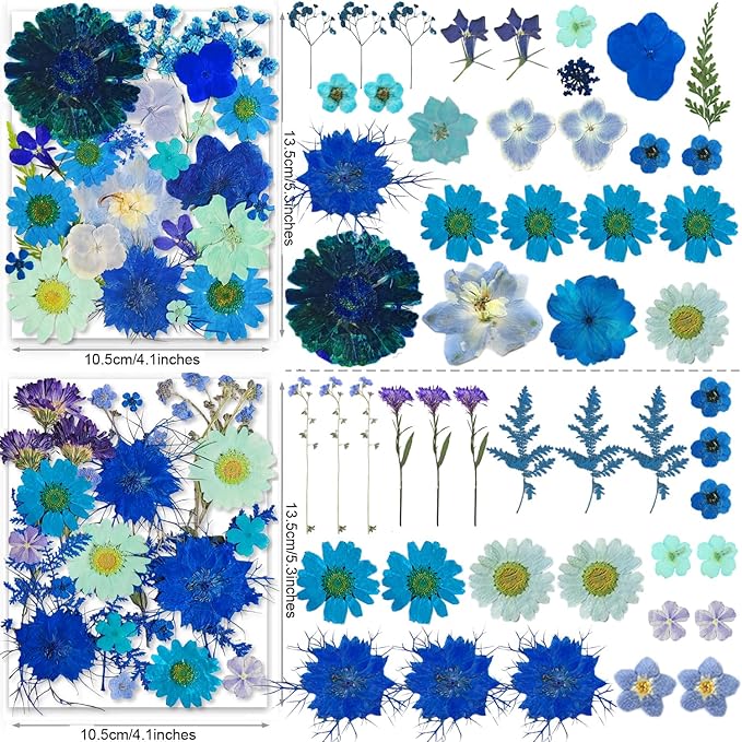 150PCS Blue Dried Pressed Flowers with Butterfly Stickers - YouthBro Real Nature Flowers Herb Set for Resin DIY Jewelry Candle Soap Vase Making Nail Card Scrapbook Art Craft Floral Decors