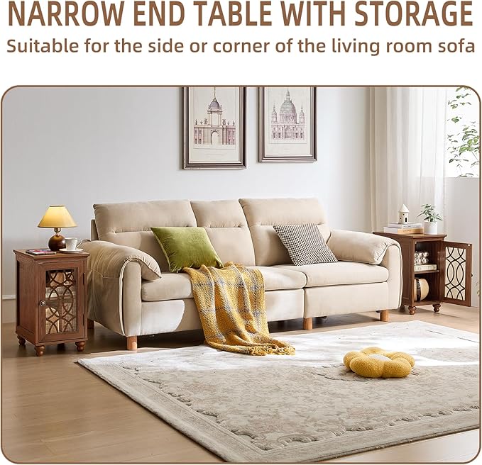 Narrow Side Table Set of 2 with Glass Door, 18 x 14'' Night Stand with Adjustable Shelf Storage Cabinet Organizer, Bedside End Tables Wood Nightstand for Small Spaces Living Room Bedroom