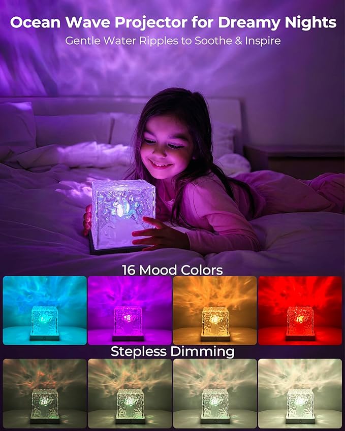 Rechargeable Shower Light Cube, 16 Color Ocean Wave Projector Light Battery Operated, Waterproof Shower Mood Lighting with Remote, Relaxing Bath Lights, Ocean Lamp for Bathroom, Bedroom, Ocean Gifts