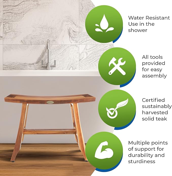 EcoDecors 24 Inch Satori Natural Teak Waterproof Teak Wood Shower Bench Stool Seat Chair for Inside Shower Provides Safety, Storage, and Organization for Bathroom Accessories