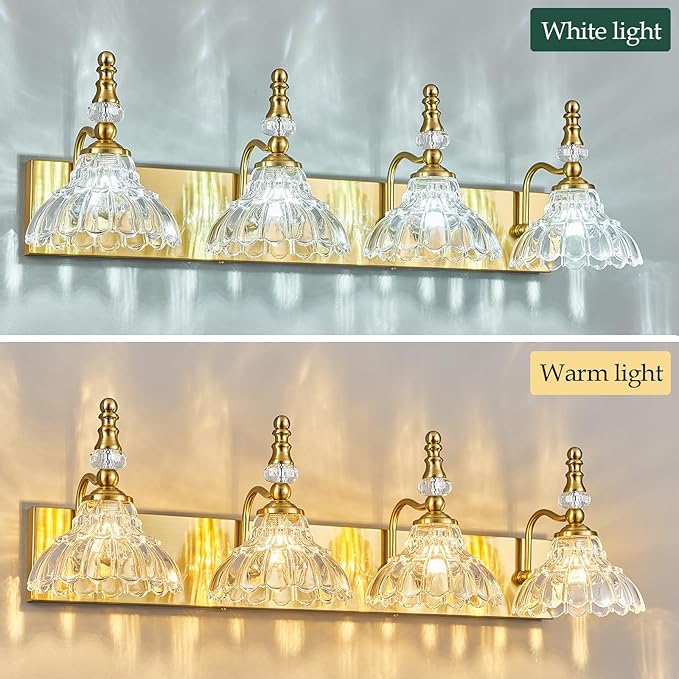 Vintage Bathroom Vanity Light, 4-Light Gold Vanity Lighting Fixture with Flower Glass Shade, Bathroom Lighting Fixtures Over Mirror