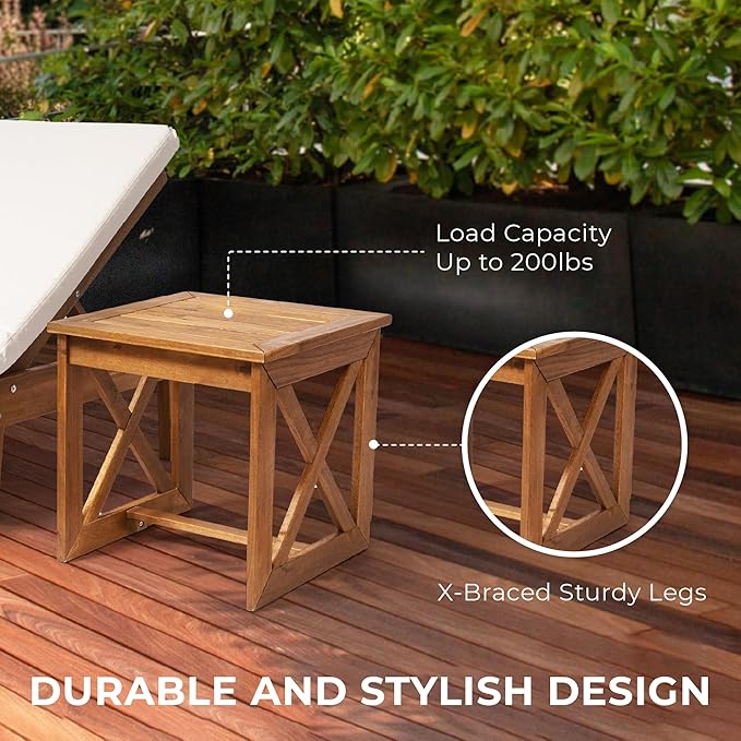 100% Acacia Wood Small Table, Outdoor Side Table for Patio, Poolside, Garden, Backyard, Entryway, Outdoor Space (X-braced Style)