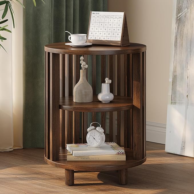 Round End Table, Wood Bedside Table, Mid Century Modern Nightstand with Open Storage Shelf, 3 Tier Small Side Tables for Living Room, Bedroom, Curved Profile Design, Walnut(1-Pack)