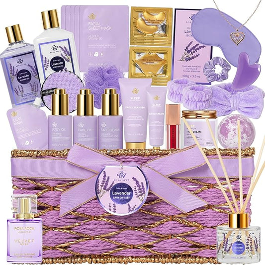 35 Pcs Christmas Gifts for Women, Lavender Bath and Body Gift Basket, Facial Skin Care Set, Spa Kit, Self-Care Set, Face Sheet Mask, Necklace, Birthday Present, Valentines, Mother Day, Bridal Shower