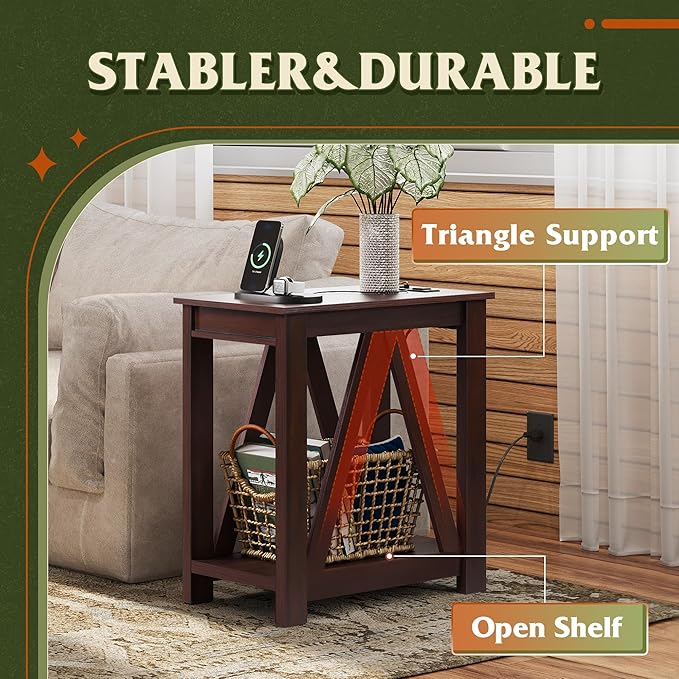 WLIVE Narrow End Table with Charging Station of Open Storage Shelf，Sofa Side Table with 2 USB Ports and 2 Power Outlets，Slim Farmhouse End Table for Small Spaces, 11.8" D x 23.6" W x 23.74" H