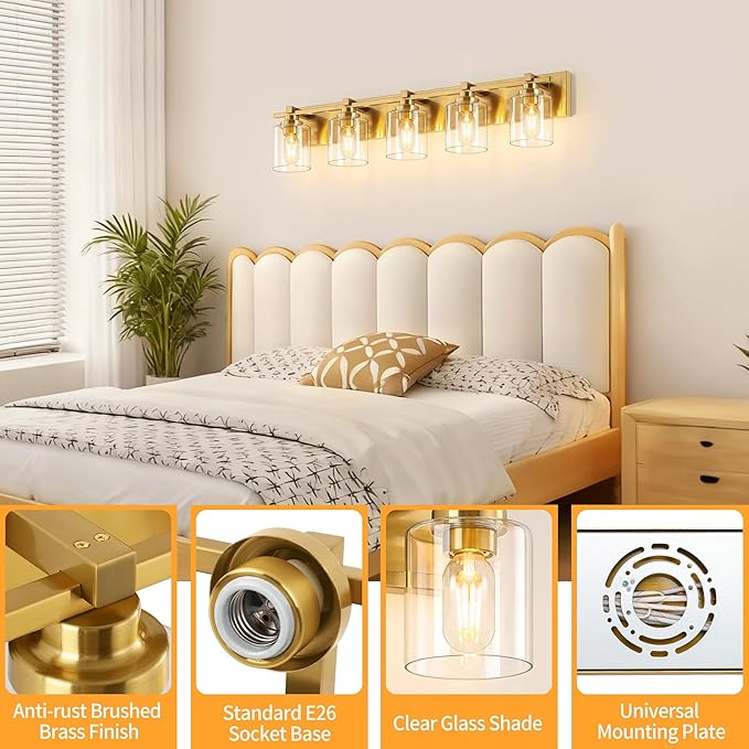 5 Light Modern Bathroom Light Fixtures Over Mirror, Brass Finish Vanity Lights for Bathroom Wall Sconces with Clear Glass Shades, E26 Socket (Bulbs Not Included)