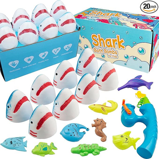 Shark Bath Bombs for Kids with Surprise Fishing Toy Set, 8 Fun Exploding Bath Balls & 9 Fishing Toys, Natural Handmade Organic Bubble Bath Fizzies, Ideal Birthday Holiday Christmas Gift for Boys Girls