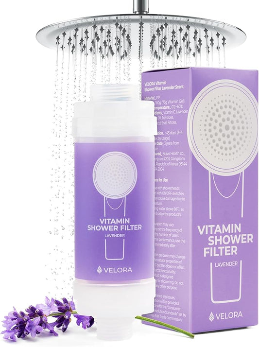 VELORA Vitamin C Shower Filter - Lavender-Scented Aromatherapy Shower Water Filter and Softener - Universal Showerhead Bathroom Attachment - Replenish Dry Skin, Soften and Nourish Hair