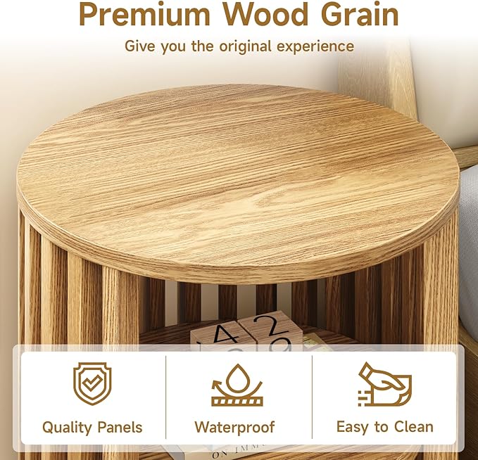 Round End Table, Wood Bedside Table, Mid Century Modern Nightstand with Open Storage Shelf, 3 Tier Small Side Tables for Living Room, Bedroom, Curved Profile Design, Natural Oak(2-Pack)