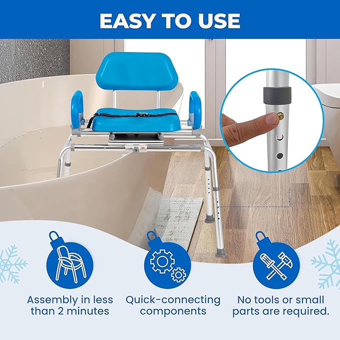 Platinum Health Carousel Sliding Shower Chair Tub Transfer Bench with Swivel Seat, Premium Padded, Pivoting Arms, Adjustable Space Saving Design for Tubs, Inside Shower, for Handicap & Seniors, Blue