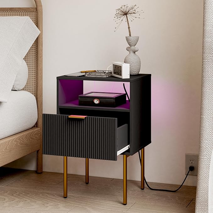 Modern Nightstand with Charging Station and LED Lights, Black Nightstand with Drawer, Fluted Nightstand for Living Room, Bedroom