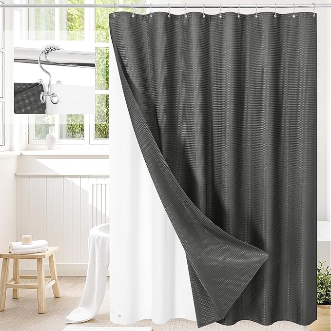 3 in 1 Shower Curtain Set, Charcoal Grey Waffle Fabric Modern Shower Curtain and PEVA Liner Set with 12 Stainless Steel Shower Curtain Hooks, Dark Grey, 72 W x 72 H