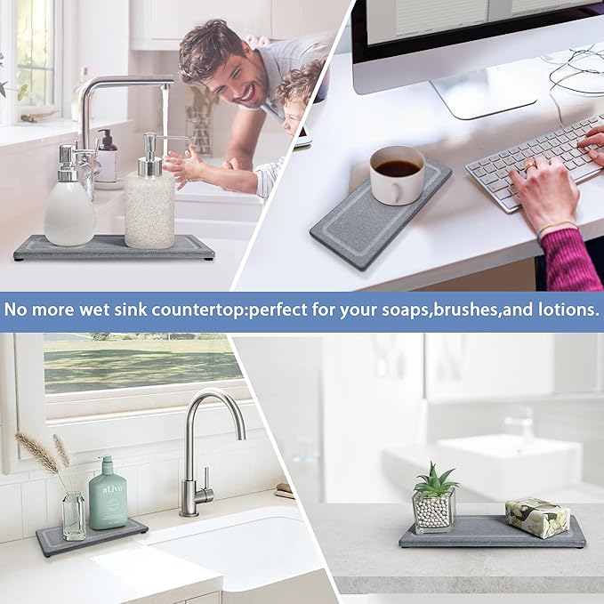 2 PCS Water Absorbing Stone Trays for Bathroom Sink & Kitchen Counter, Fast-Drying Diatomite Sink Coasters, Vanity Tray, Hand Soap Holder with Anti-Skid Pads (11" x 4.7" Gray)